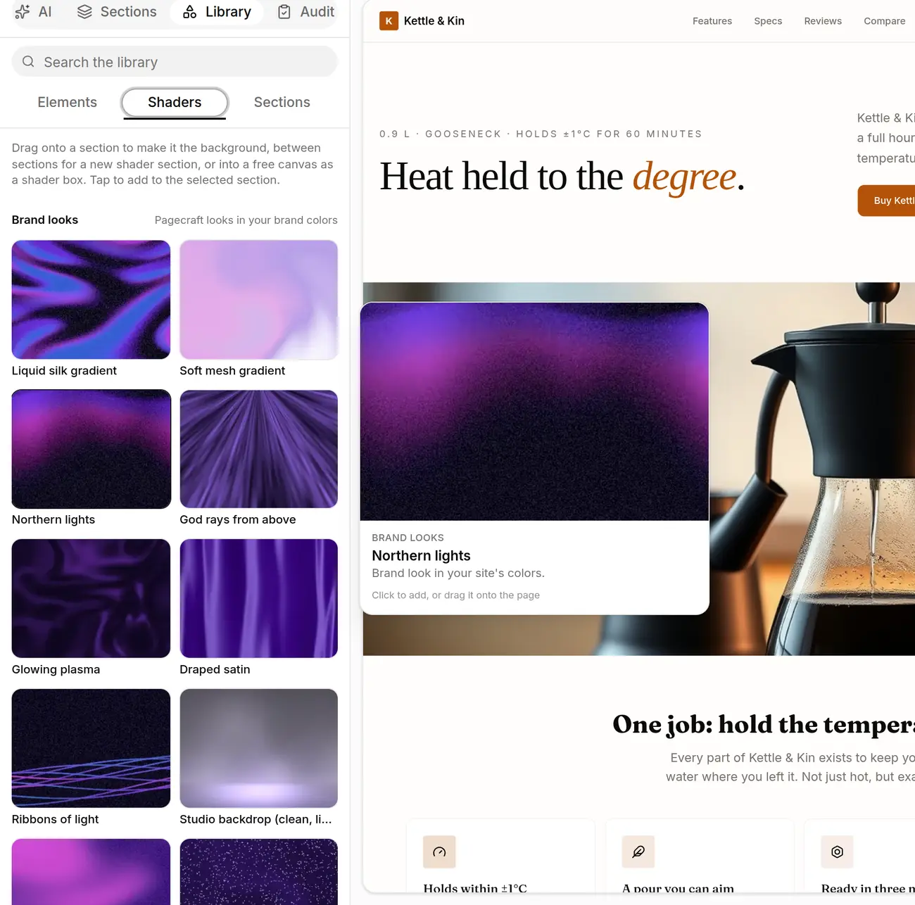 The Library panel with brand-look shader tiles; hovering one opens an animated preview card
